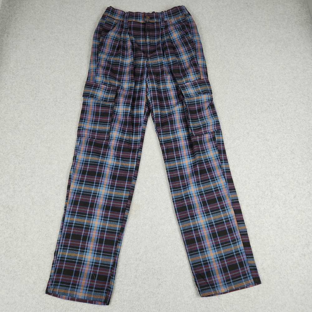 SO High Rise Cargo Pants Womens 5 Blue Purple Plaid Stretch Straight Leg Pleated
